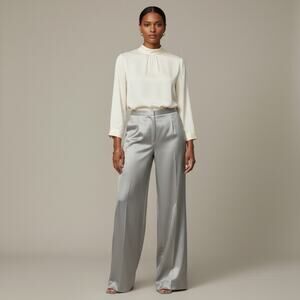 NEW Lafayette 148 Silver Gray Virgin Wool Silk Wide-Leg Trousers Quiet Luxe Sz 8